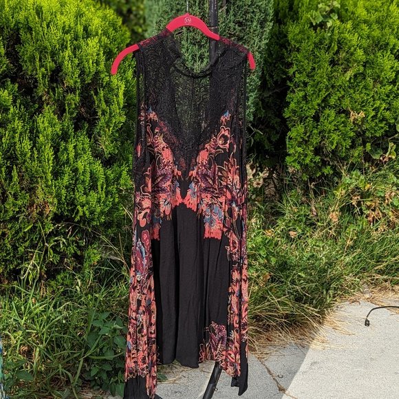 FREE PEOPLE Marsha Black Printed Lace flowy Slip Dress womens size Lg GUC - Picture 10 of 10